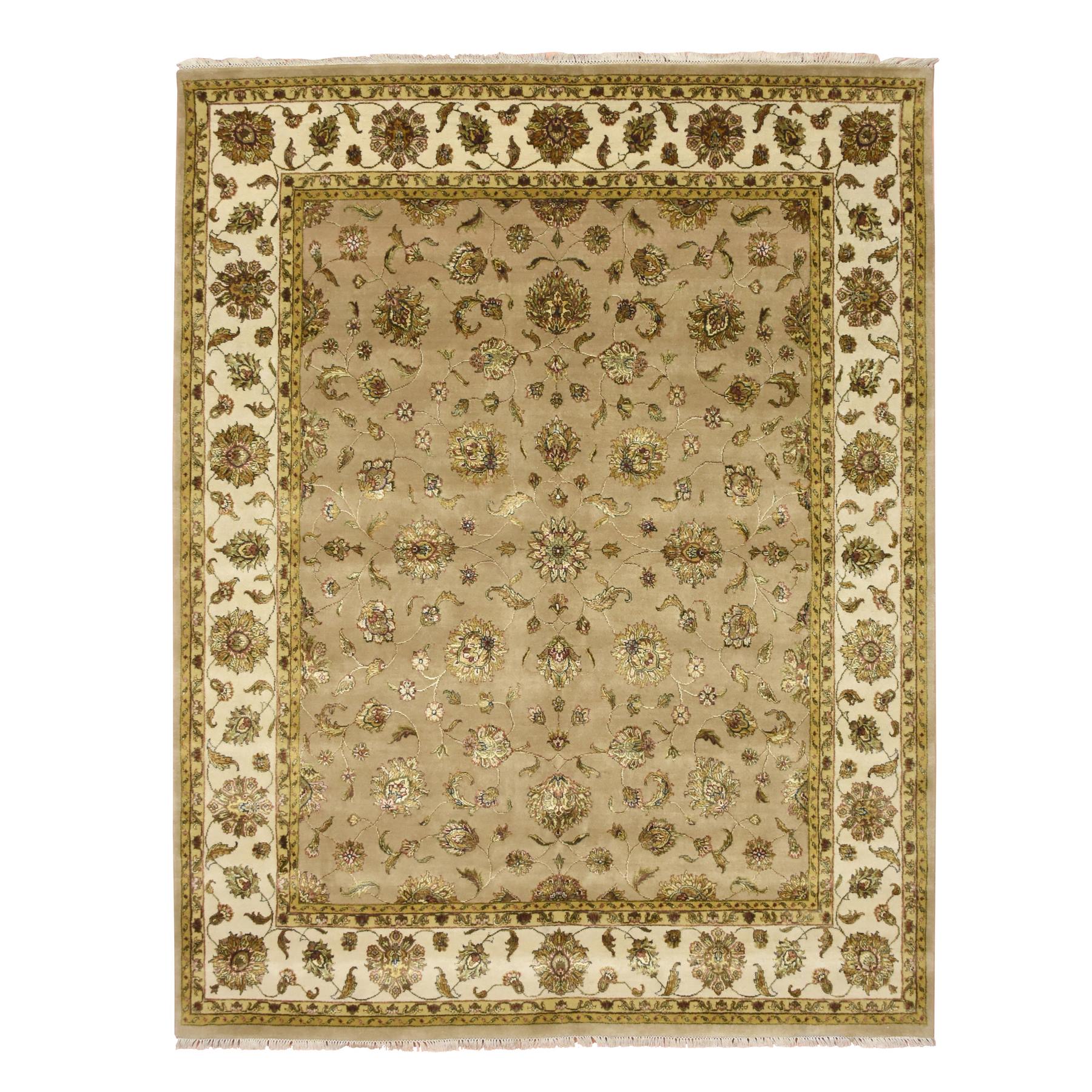 Tortilla Brown, Rajasthan with All Over Leaf Design, Hand Knotted, Wool and Silk, Soft Pile, Thick and Plush, Oriental Rug